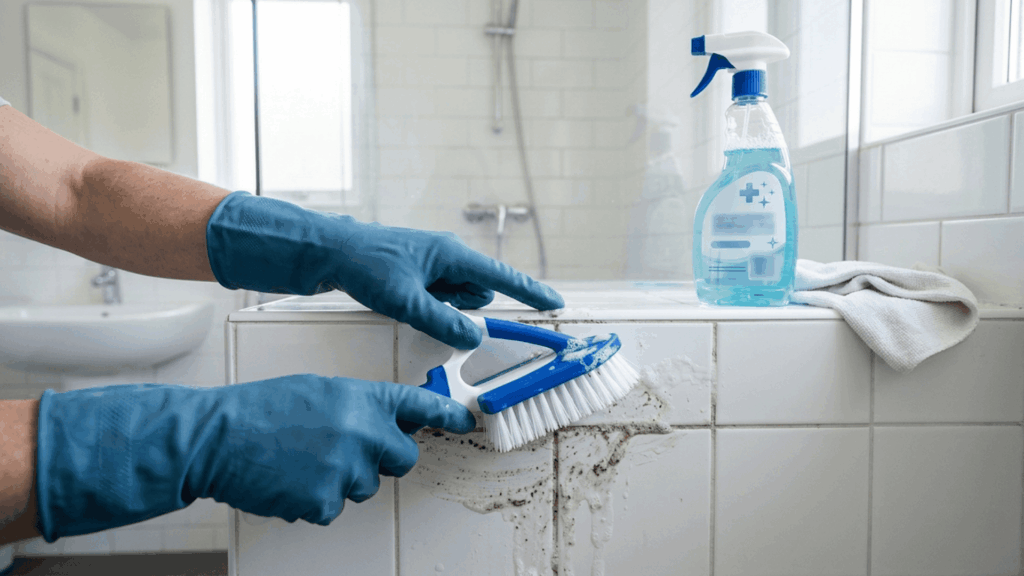 gloved hands scrubbing bathroom tiles and grout with a cleaning brush as part of a detailed bathroom cleaning routine
