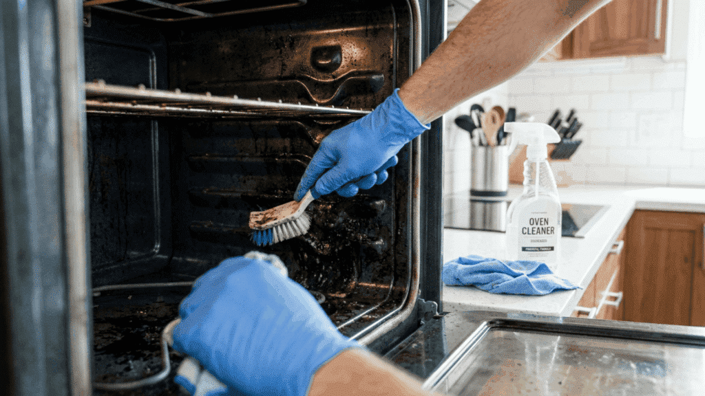 gloved hands scrubbing the oven interior with a brush as part of a monthly cleaning checklist for the house