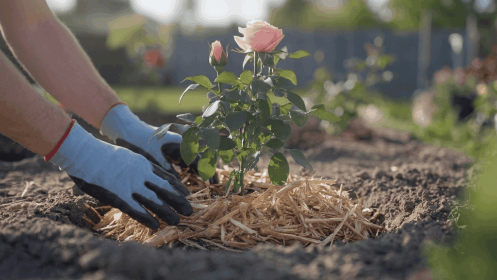 gloved hands spreading mulch around the base of a newly planted rose bush to retain moisture and protect the soil