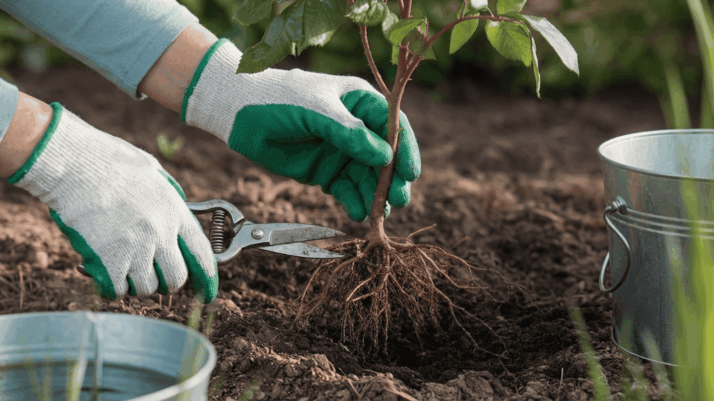 gloved hands trimming damaged roots on a rose plant before planting it into prepared garden soil