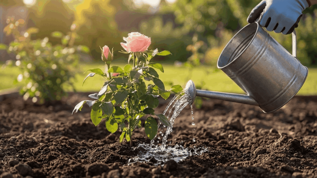 gloved hands watering a newly planted rose bush deeply so the soil settles around the roots after planting