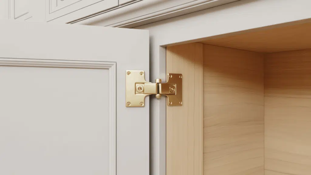 gold brass butt cabinet hinge on an open grey traditional face frame cabinet showing the two rectangular plates and central pin