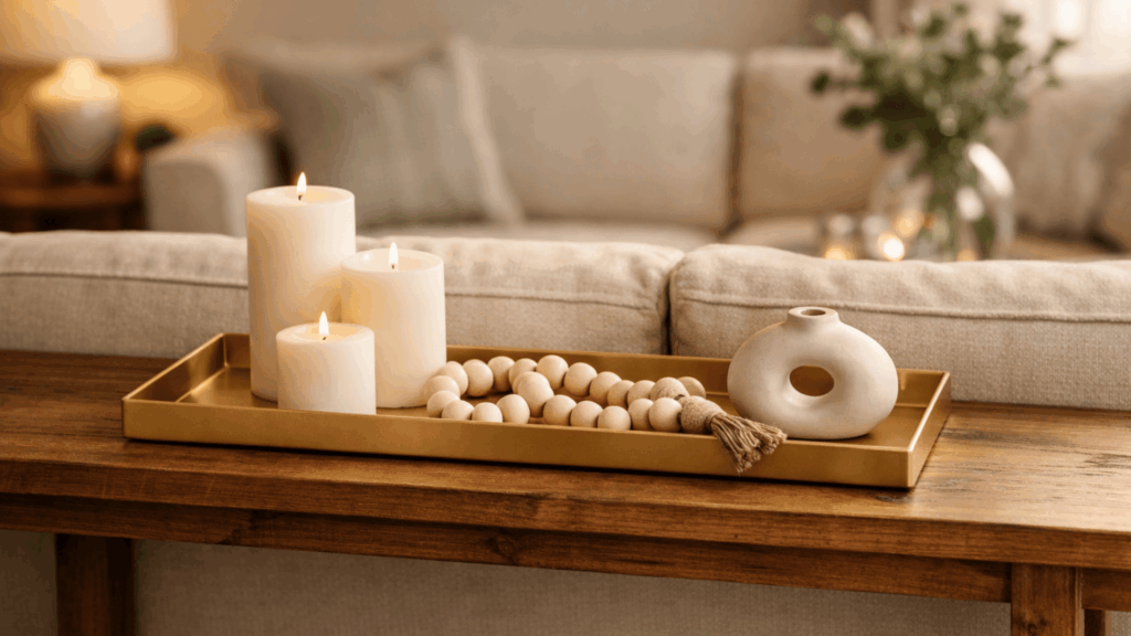 gold tray on a sofa table behind a beige sofa holding white candles of varying heights, wooden beads, and a small ceramic accent