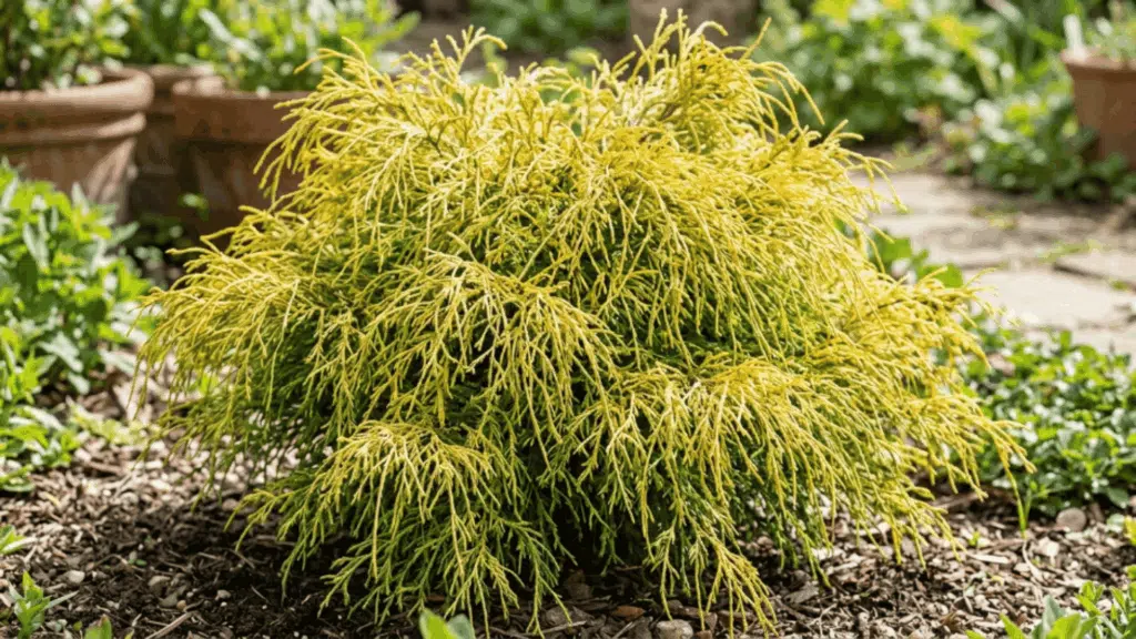 goldthread cypress close up with fine golden thread foliage in bright light plant fully visible not cut from above with vivid detail