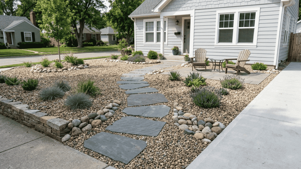 gravel front yard with stone pathway and minimal plants for low maintenance landscaping.