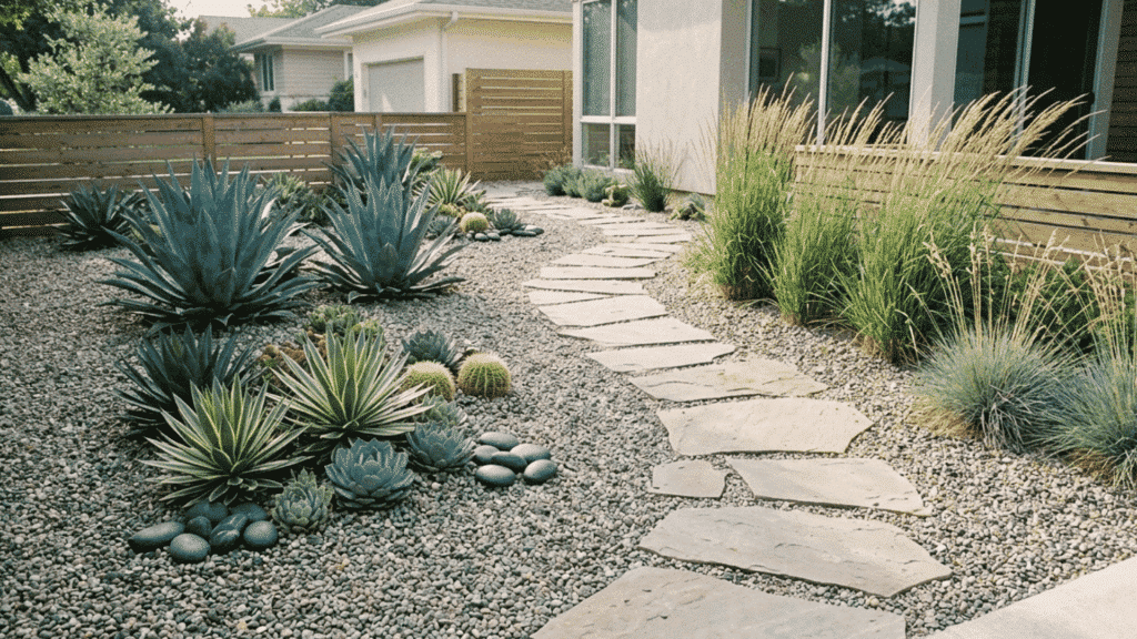 gravel garden with agave, succulents, and stepping stone path in modern landscape design.