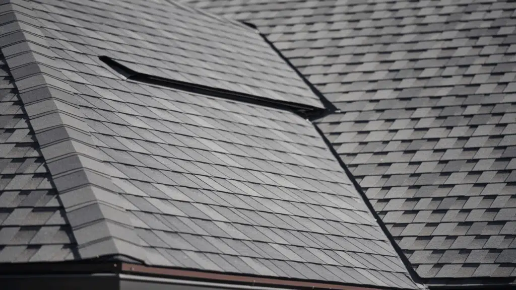 gray architectural asphalt shingles on residential roof showing dimensional texture and shadow lines with ridge detail