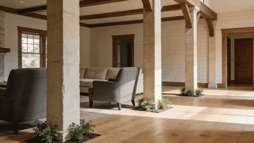 gray armchairs near exposed columns in farmhouse living room