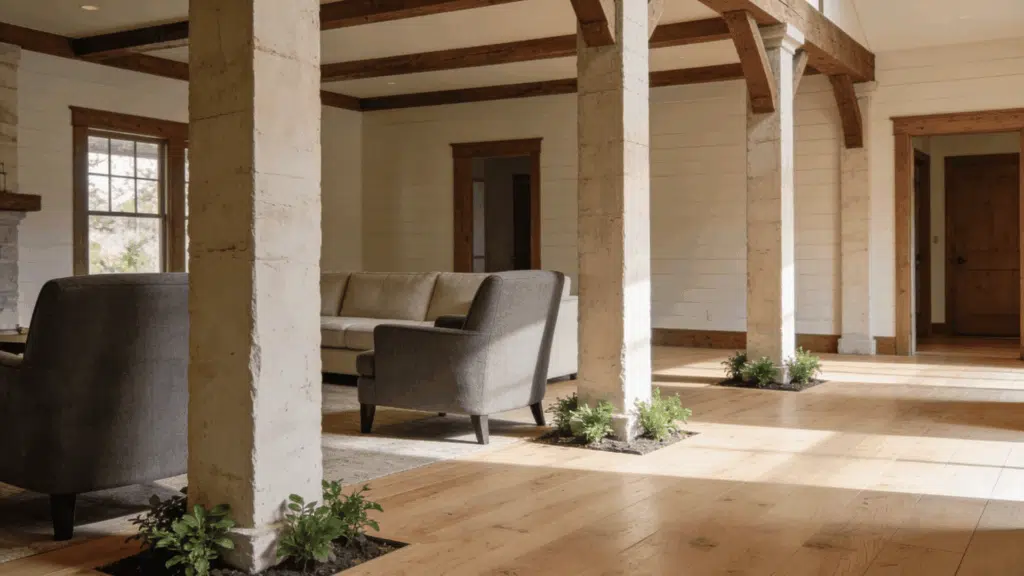 gray armchairs near exposed columns in farmhouse living room