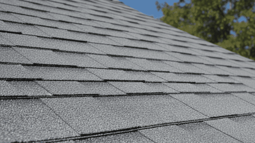 gray asphalt 3-tab roof shingles installed on a sloped residential roof under a clear blue sky with trees in background