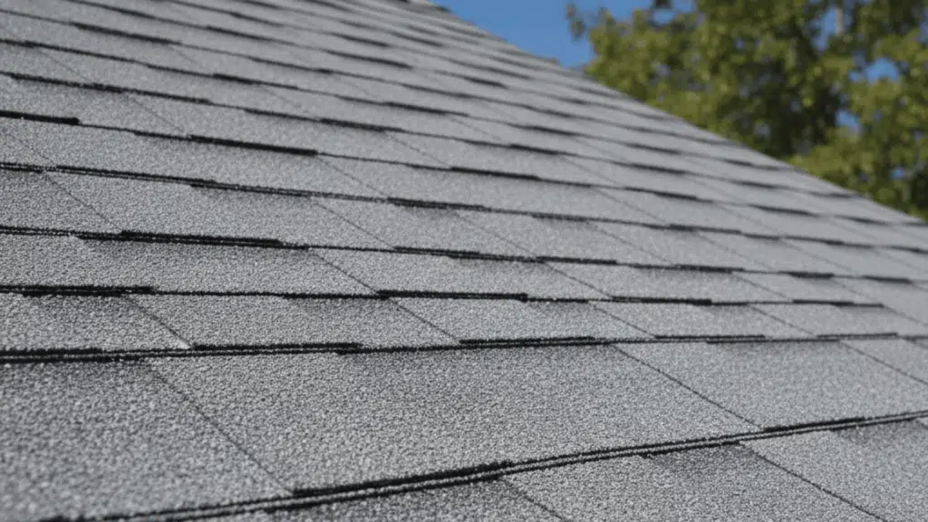 gray asphalt 3-tab roof shingles installed on a sloped residential roof under a clear blue sky with trees in background