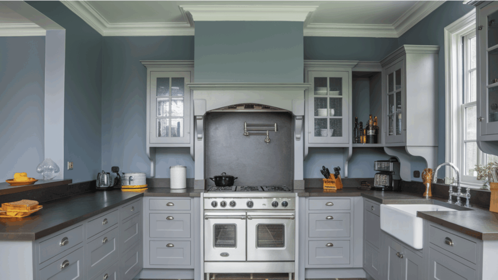 gray kitchen with shaker cabinets, farmhouse sink, and slate tile flooring.