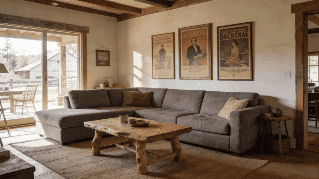 gray sectional with vintage framed posters in relaxed farmhouse living room