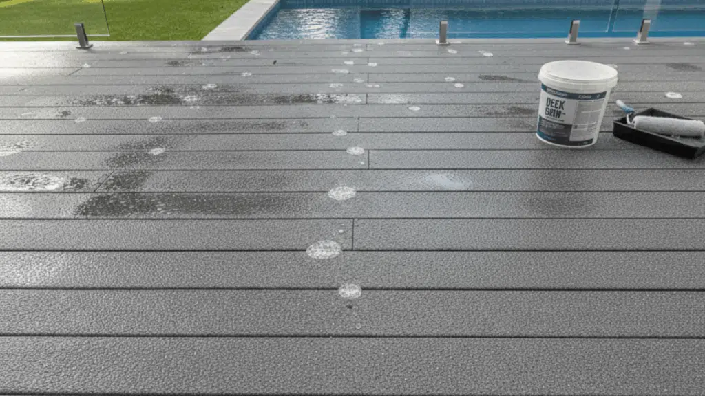 gray textured anti-slip deck surface near swimming pool with paint bucket and roller tray visible.