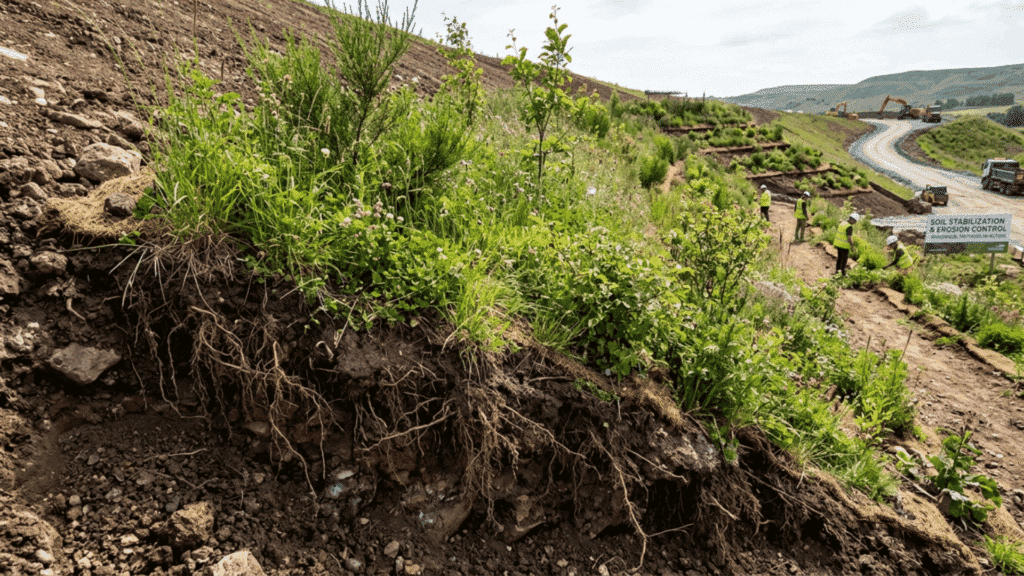 green hillside with deep-rooted plants and erosion mats binding the soil together on a steep slope.