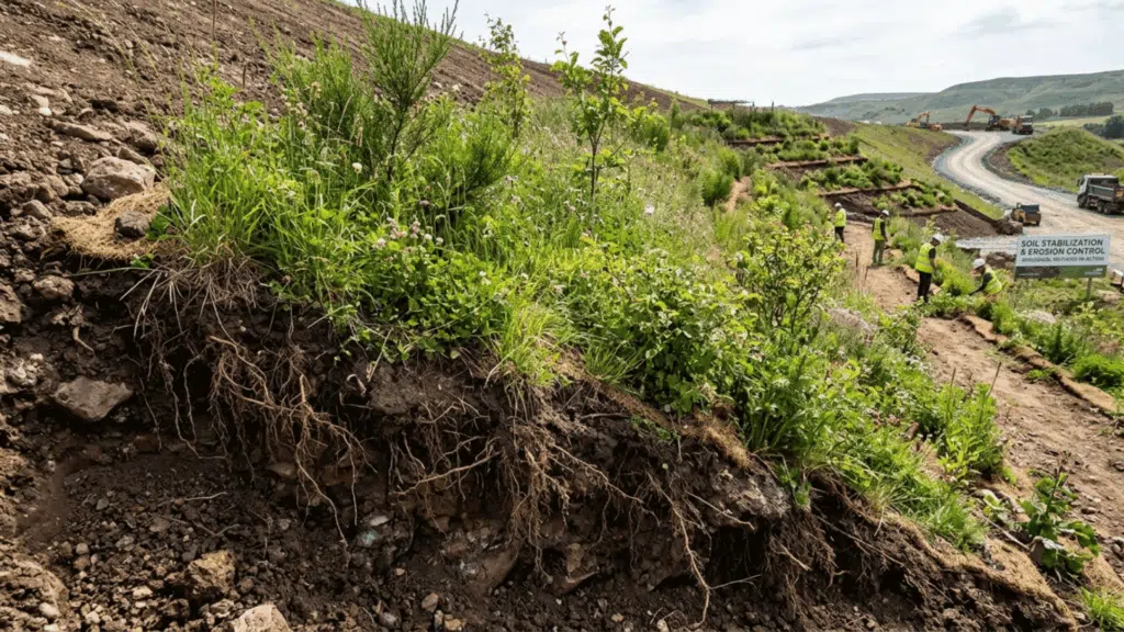 green hillside with deep-rooted plants and erosion mats binding the soil together on a steep slope.