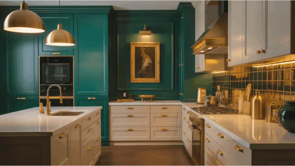 green kitchen with white cabinets, gold hardware, and marble island under warm lighting.