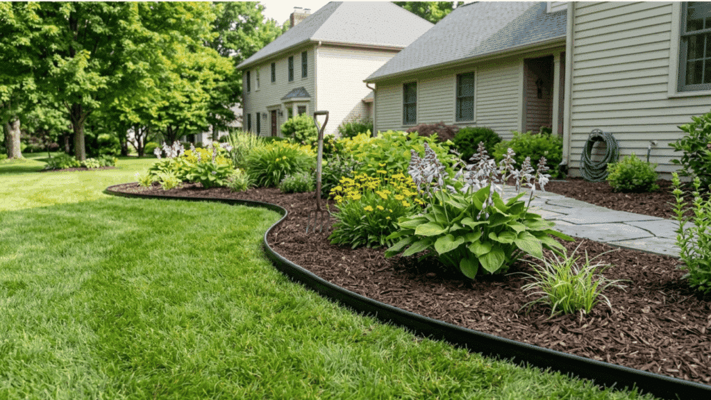 green lawn, mulch beds, and stone pathway for low maintenance design.