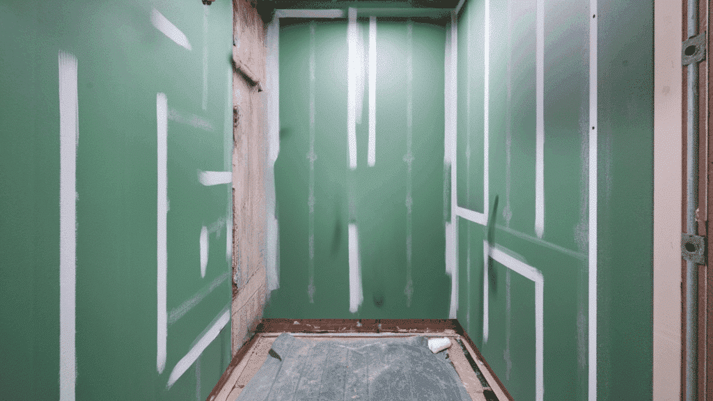 green moisture-resistant drywall with visible joint compound lines, in a partially completed bathroom or wet area, awaiting finishing touches