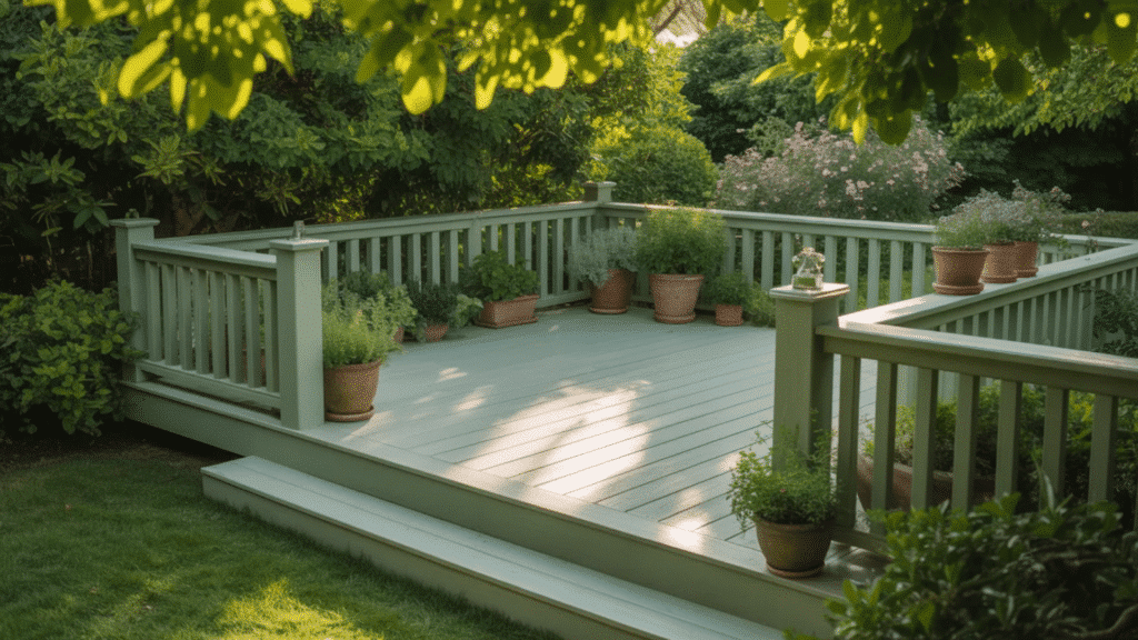green-painted deck surrounded by plants in pots, with a lush, natural setting.