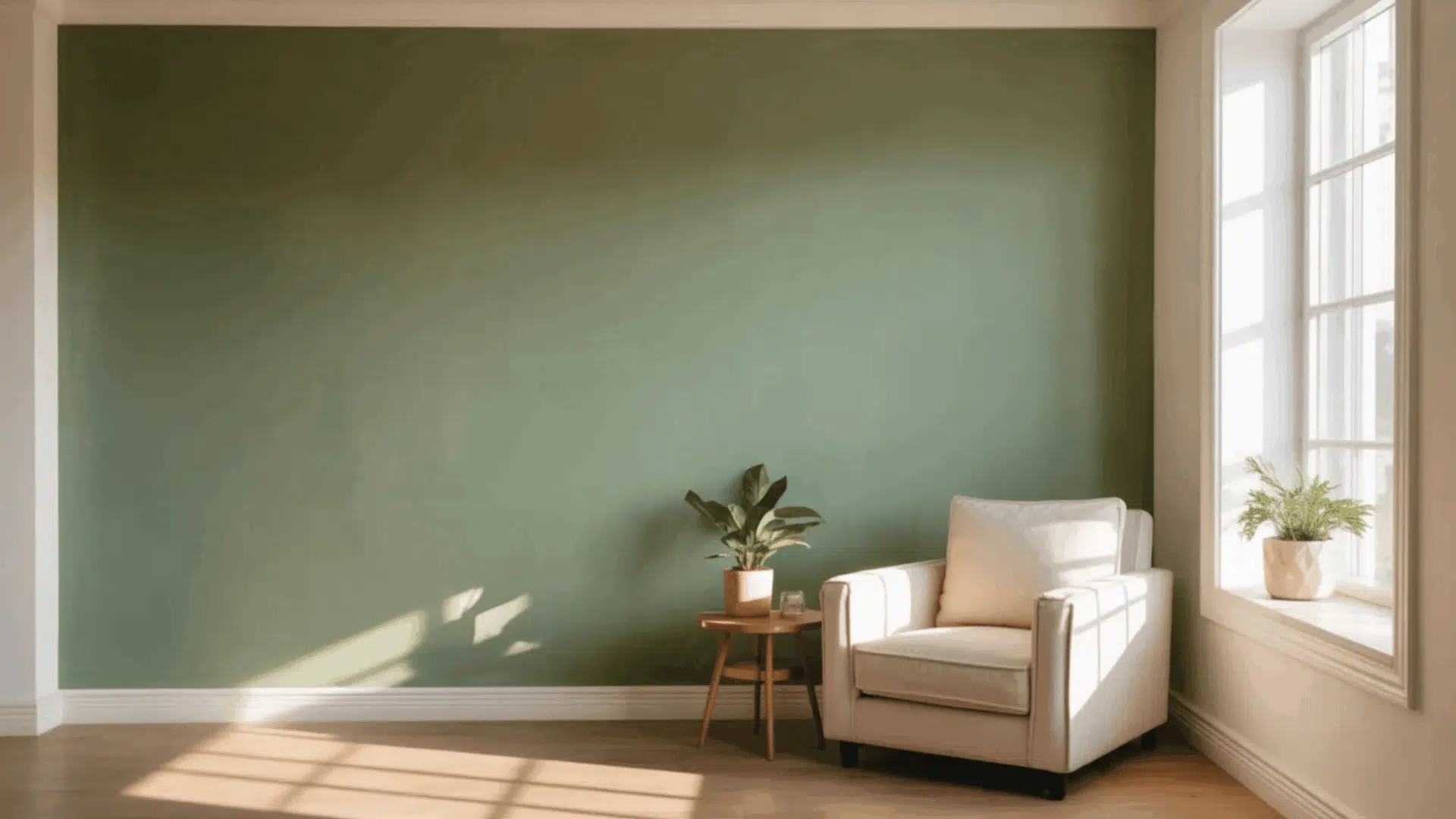 green wall in a bright room with a sofa and indoor plants