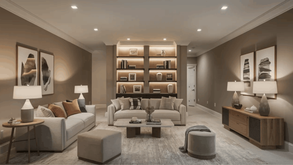 greige basement walls with white trim, cozy living room setup, layered lighting, and built-in shelves for a warm look