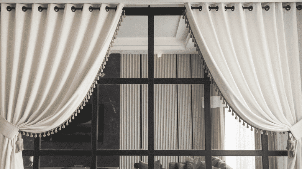 grommet curtains with sleek metal rings creating a modern look in a living room. (1)