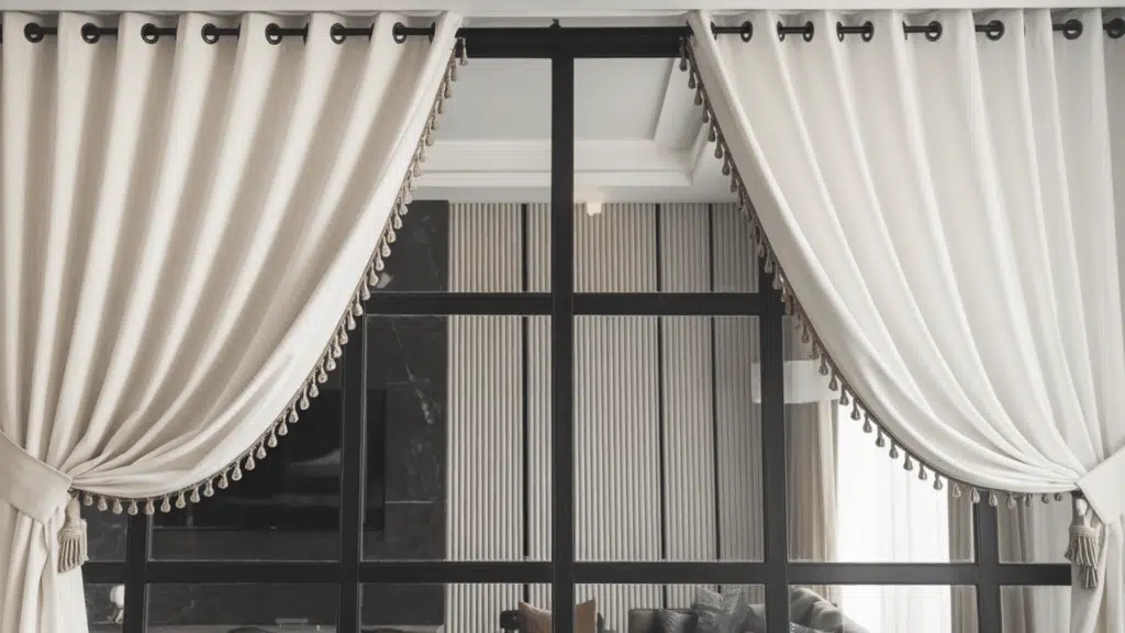 grommet curtains with sleek metal rings creating a modern look in a living room. (1)
