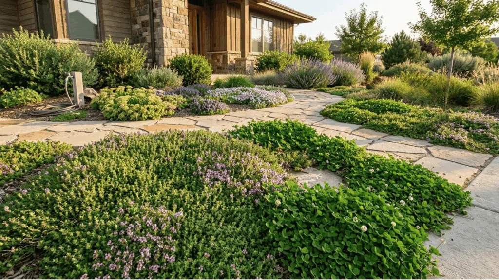 ground cover plants like thyme and clover used in low-maintenance landscaping design.