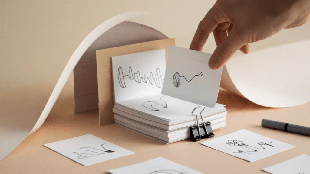 hand flipping through a mini flipbook made of small paper cards with simple line drawings, secured with a binder clip, showing a playful animation sequence on a soft neutral background