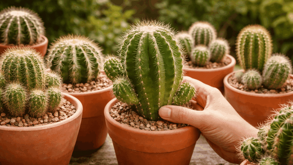 hand holding healthy cactus in terracotta pots, ready for propagation.