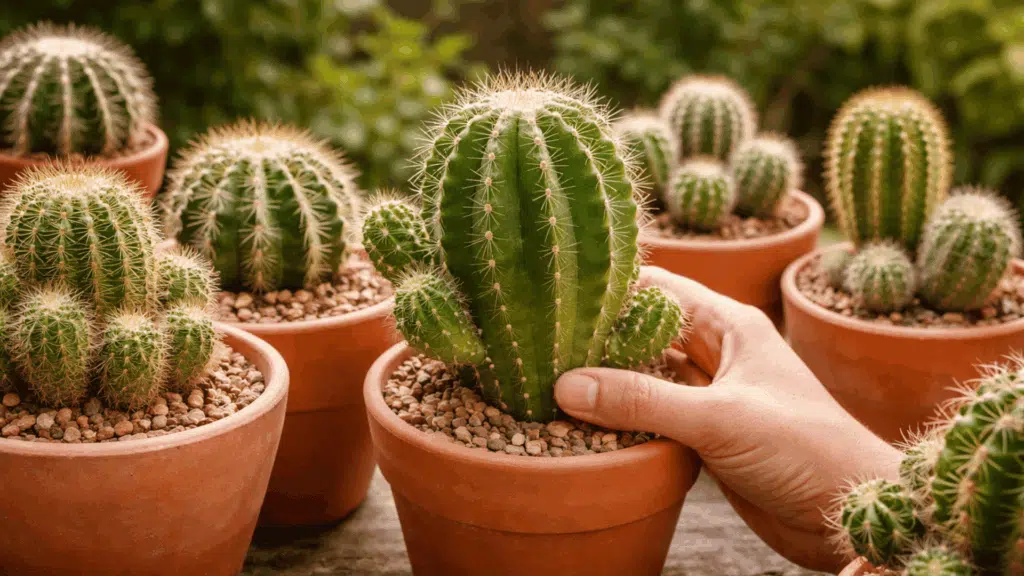 hand holding healthy cactus in terracotta pots, ready for propagation.