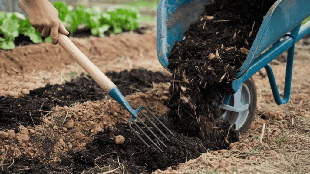 hand mixing dark compost into an in-ground vegetable bed with a garden fork to restore nutrients at the start of the season