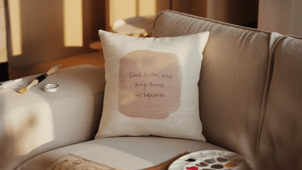 hand-painted cushion cover with a soft blush abstract design and handwritten quote,(1)