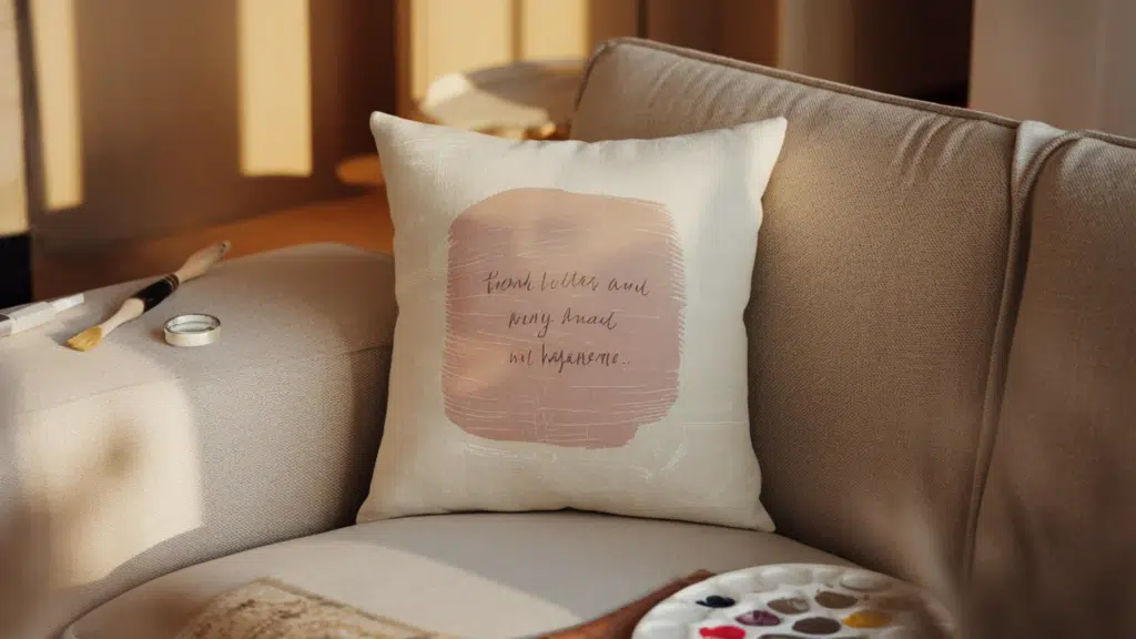 hand-painted cushion cover with a soft blush abstract design and handwritten quote,(1)