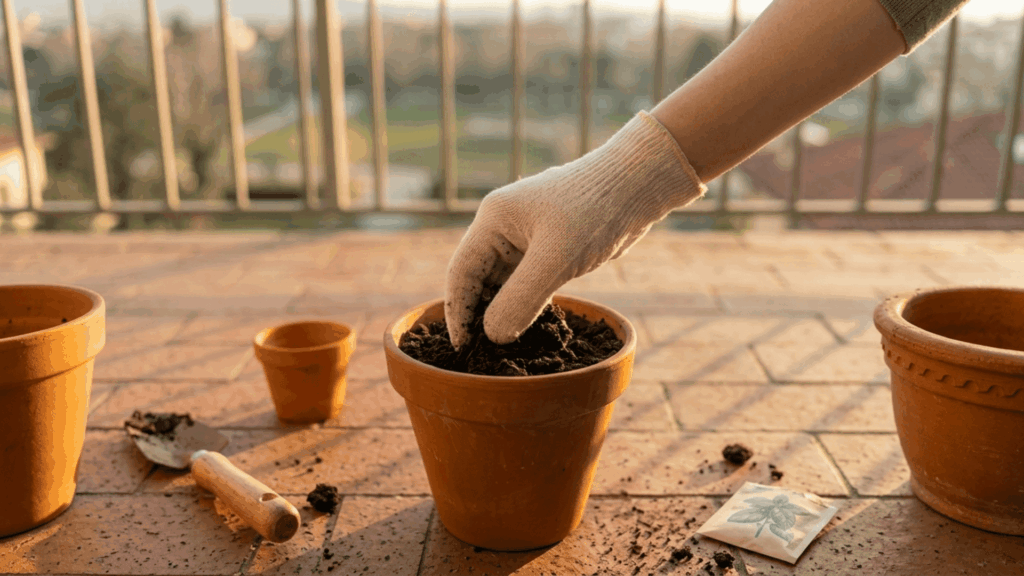 hand wearing glove placing soil into a small clay pot on a balcony with gardening tools and a seed packet nearby