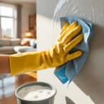 hand wearing yellow glove wipes soapy water from white wall using blue cloth with bucket below in bright living room setting