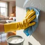 hand wearing yellow glove wipes soapy water from white wall using blue cloth with bucket below in bright living room setting