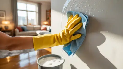 hand wearing yellow glove wipes soapy water from white wall using blue cloth with bucket below in bright living room setting