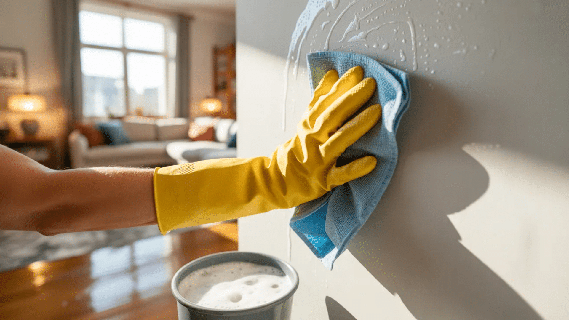 hand wearing yellow glove wipes soapy water from white wall using blue cloth with bucket below in bright living room setting