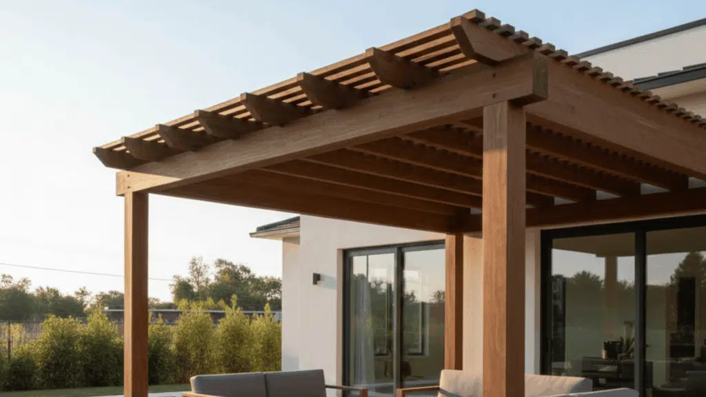 handcrafted wooden pergola built from scratch, offering a fully customizable design that suits the space