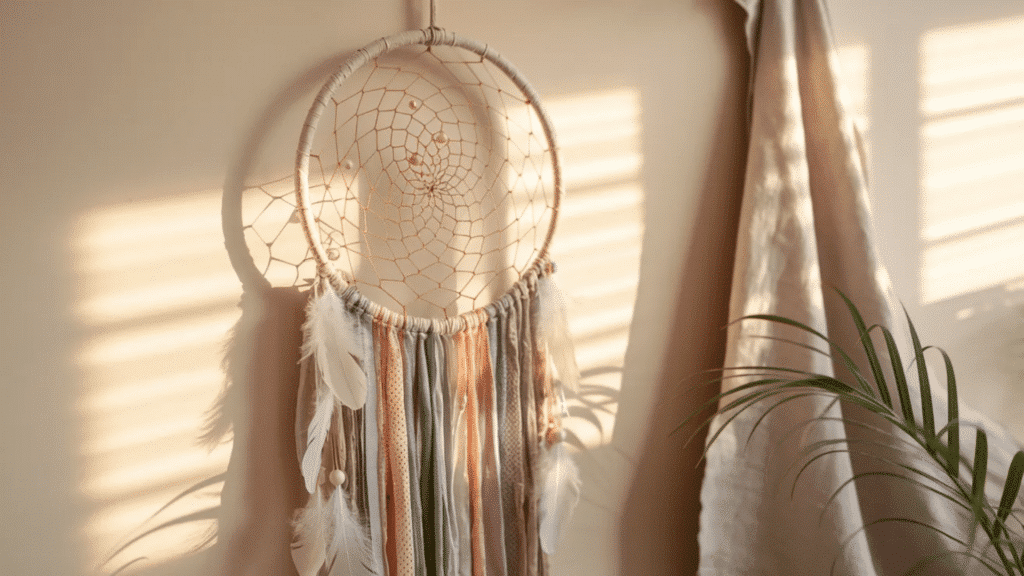 handmade dreamcatcher with a woven web, beads, and soft feathers hanging from a wrapped ring, displayed on a neutral wall with warm sunlight creating a calm, cozy atmosphere (1)