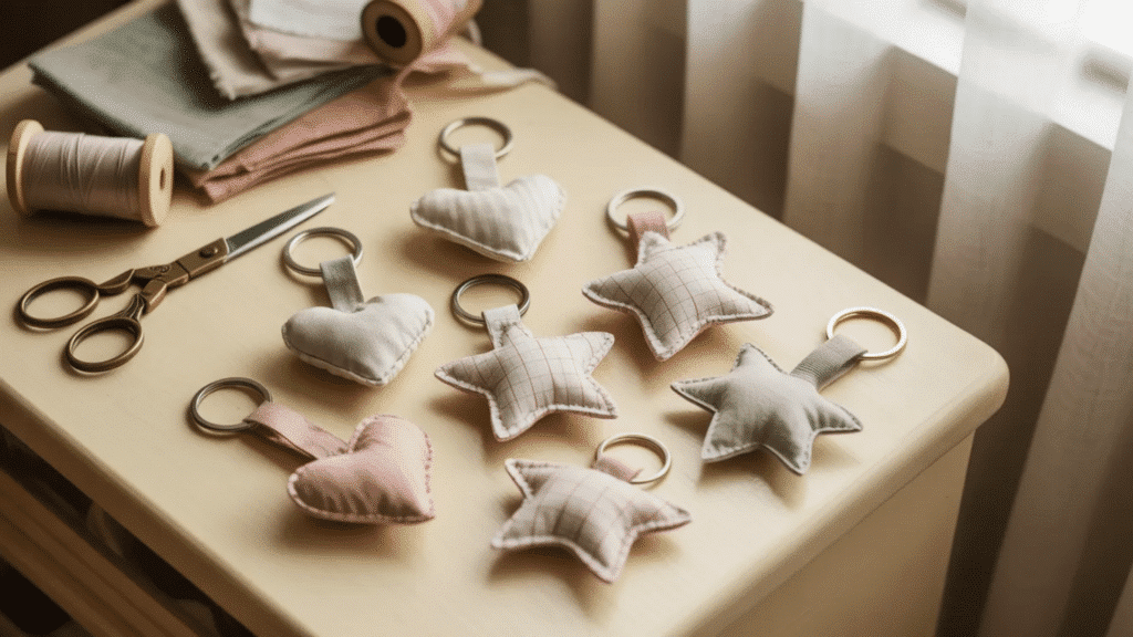 handmade fabric keychains in soft heart and star shapes with metal rings, arranged on a crafting table with scissors, thread, and folded fabric, in warm natural light