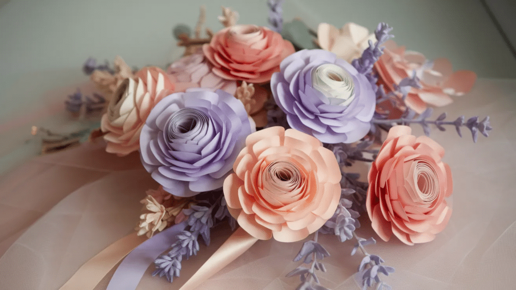 handmade paper flower bouquet with layered pastel blooms in peach, lavender, and blush tones, featuring curled petals and delicate stems, arranged with soft ribbon on a light, elegant background