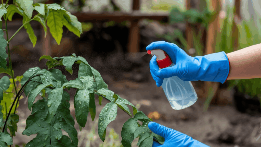 hands applying natural neem oil spray from a bottle onto green plant leaves to control garden pests safely