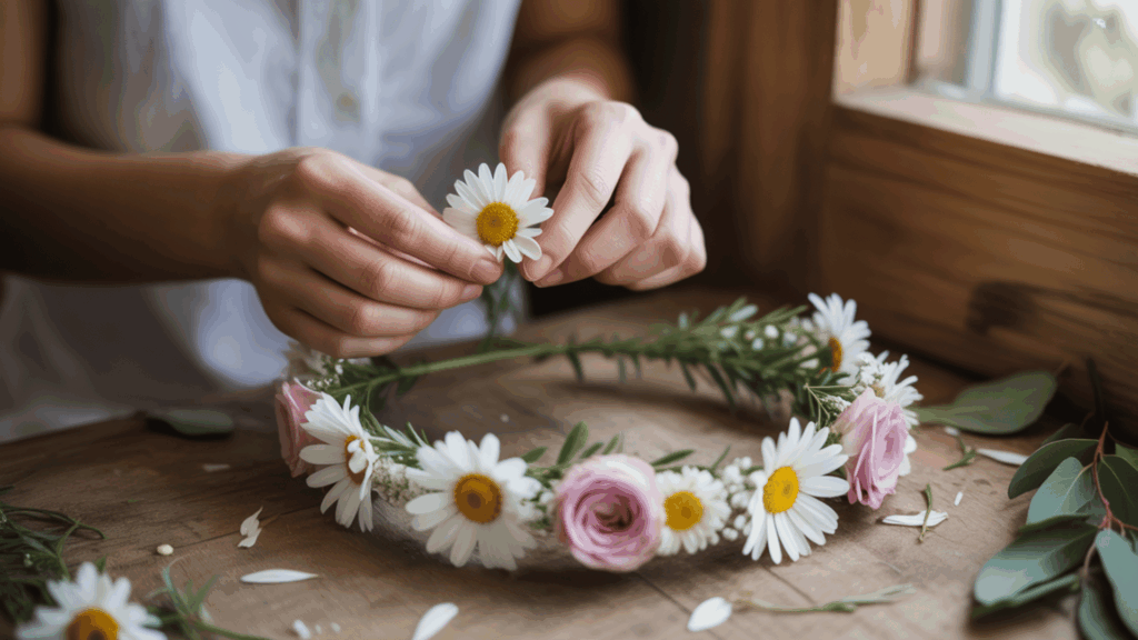 hands arranging daisies and pink roses into a floral crown on a wooden table