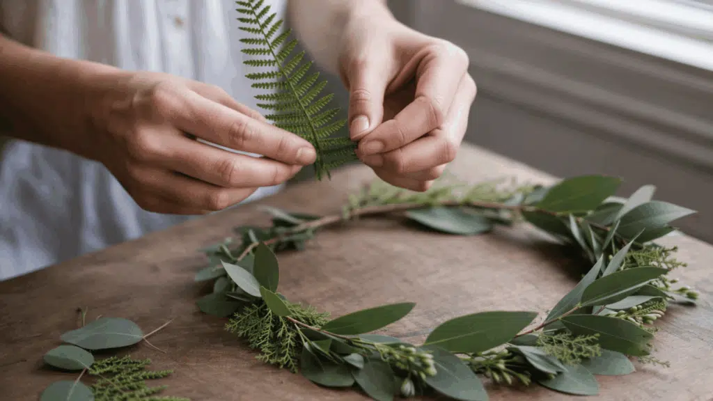 hands assembling a wreath with eucalyptus leaves, ferns, and small white flowers on a wooden surface