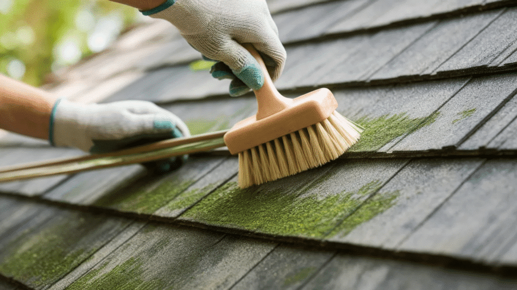 hands brushing green moss off roof shingles downward with a soft-bristle brush