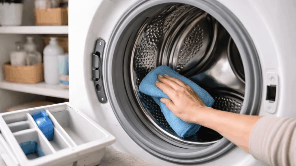 hands cleaning the washing machine drum and wiping detergent trays in a tidy home laundry and utility area