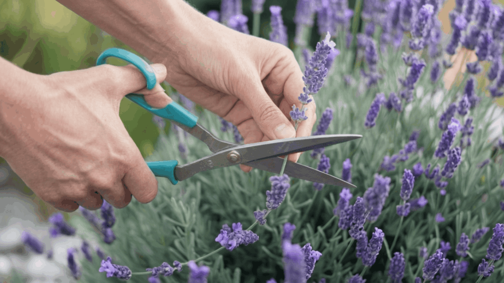 hands cutting fresh lavender stems with garden scissors during morning harvest at the right stage for drying